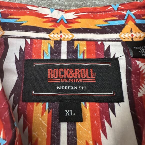 Rock & Roll Denim Shirt Mens XL Orange Blue Western Pearl Snap Aztec Retro - Picture 6 of 12
